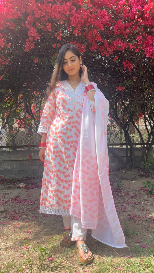 Pink White Floral Lace Suit