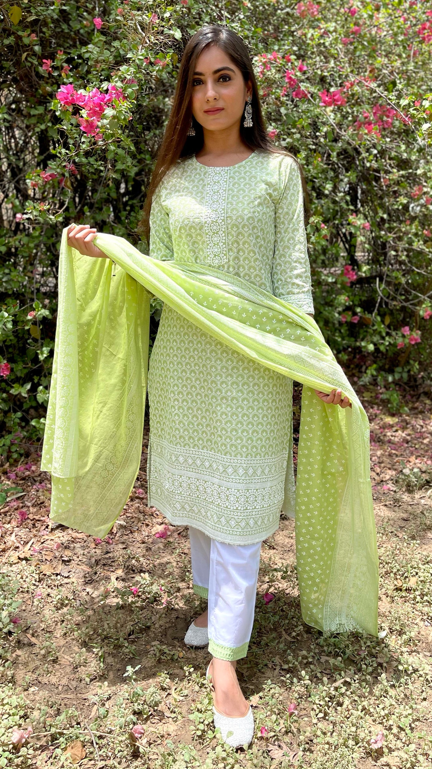 Green White Embroidered Suit