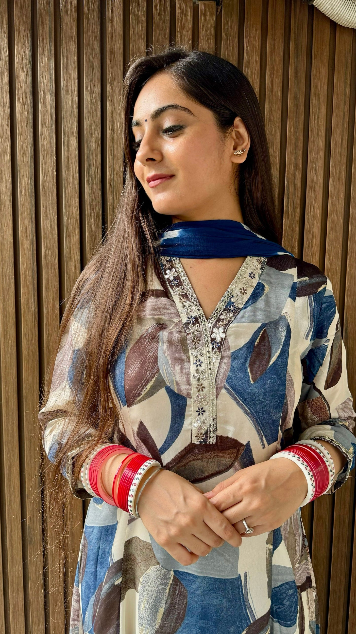 Shine Blue Muslin A-line Suit