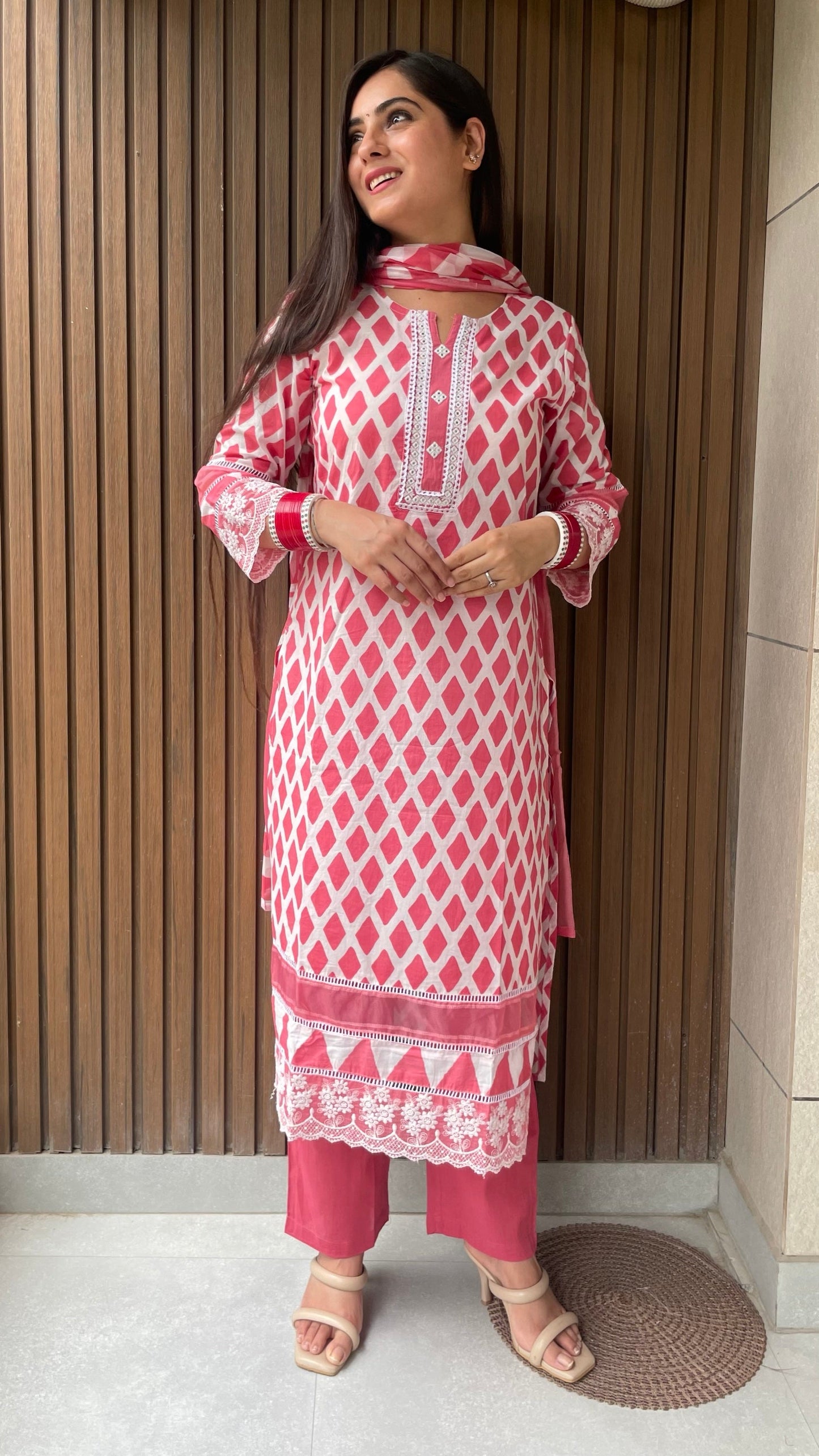 Mansi Coral Lace Suit