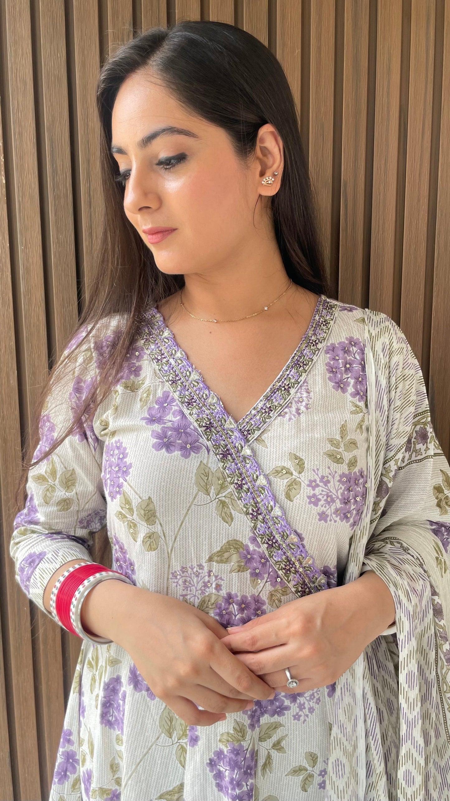 Shefali Cream Purple Anarkali Suit