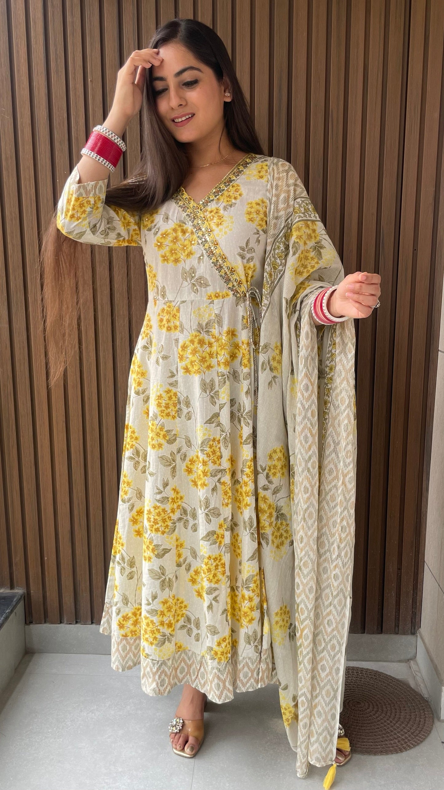 Shefali Cream Mustard Anarkali Suit