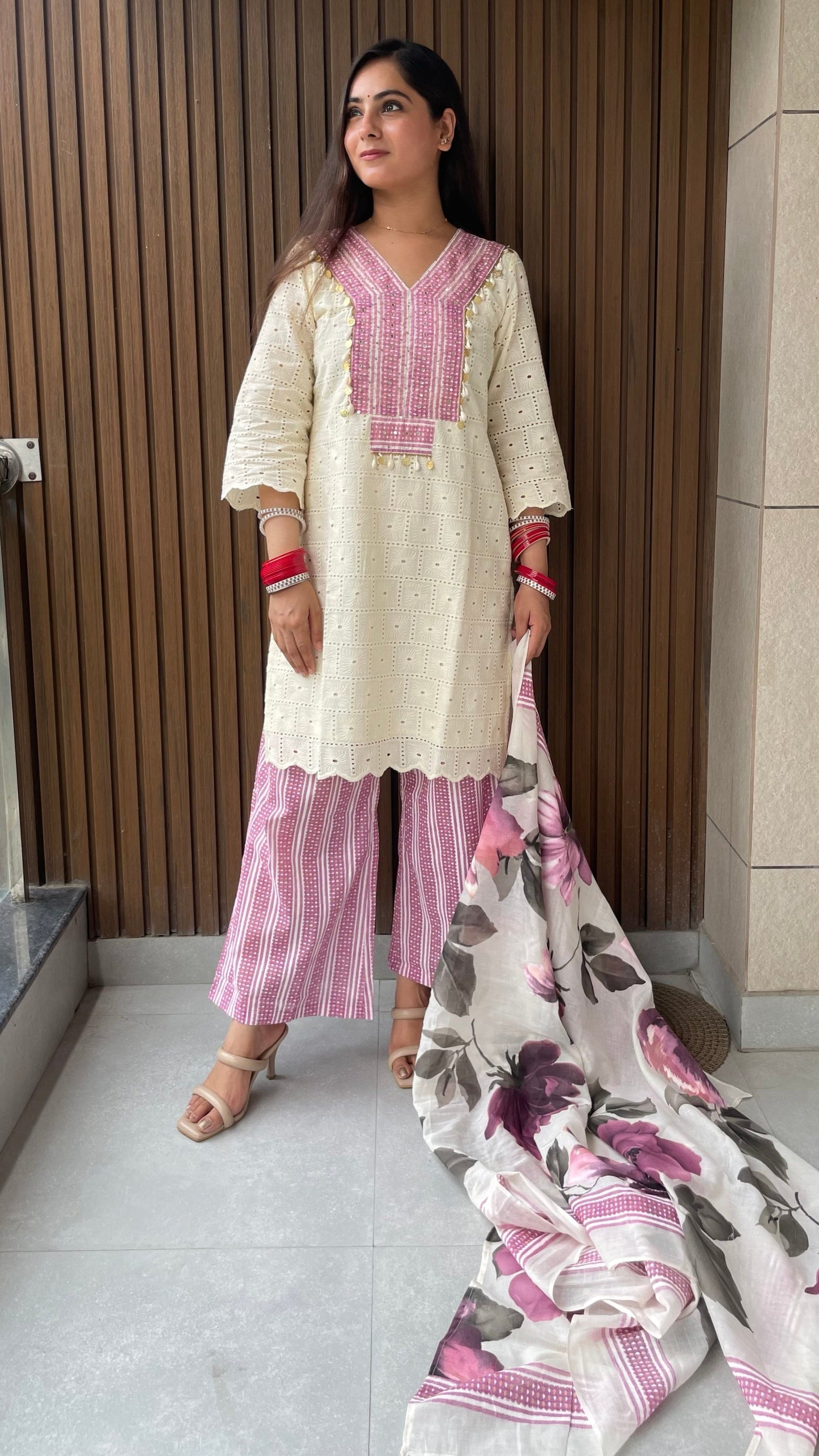 Yashika Cream Schiffli Suit
