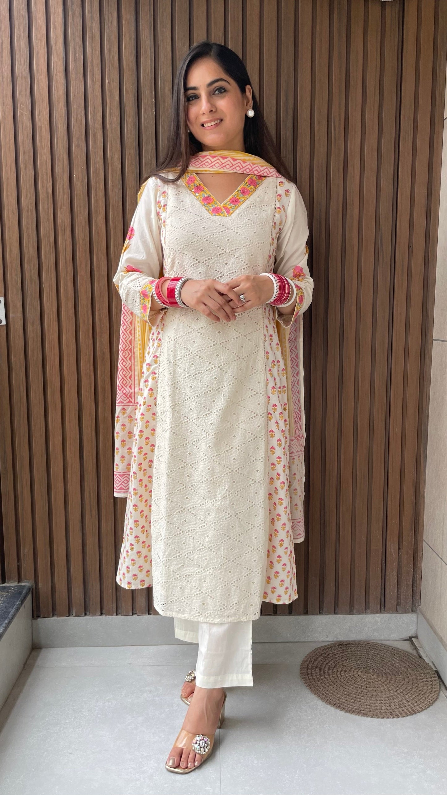 Ruhi Cream Schiffli A-line Suit