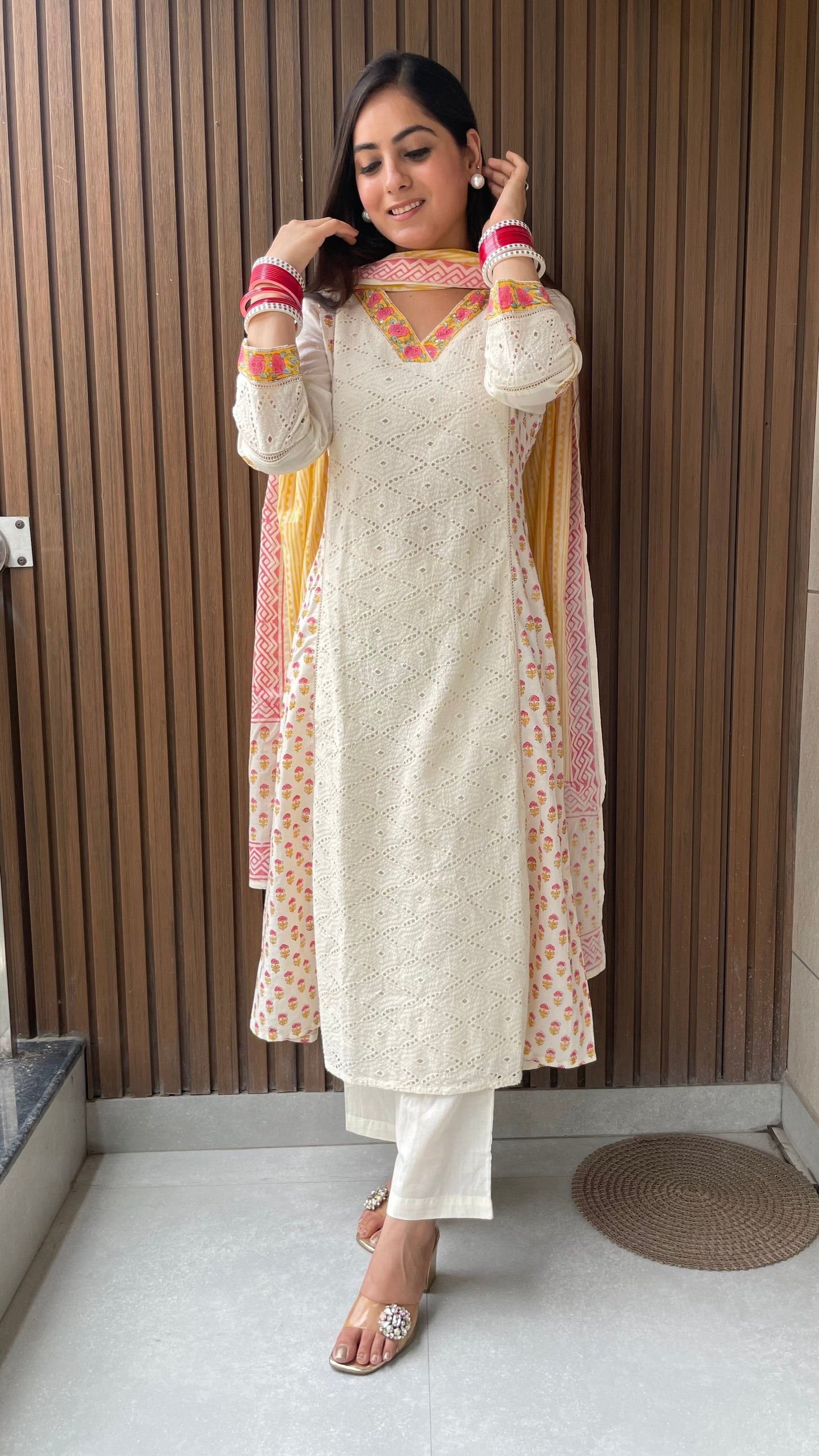 Ruhi Cream Schiffli A-line Suit