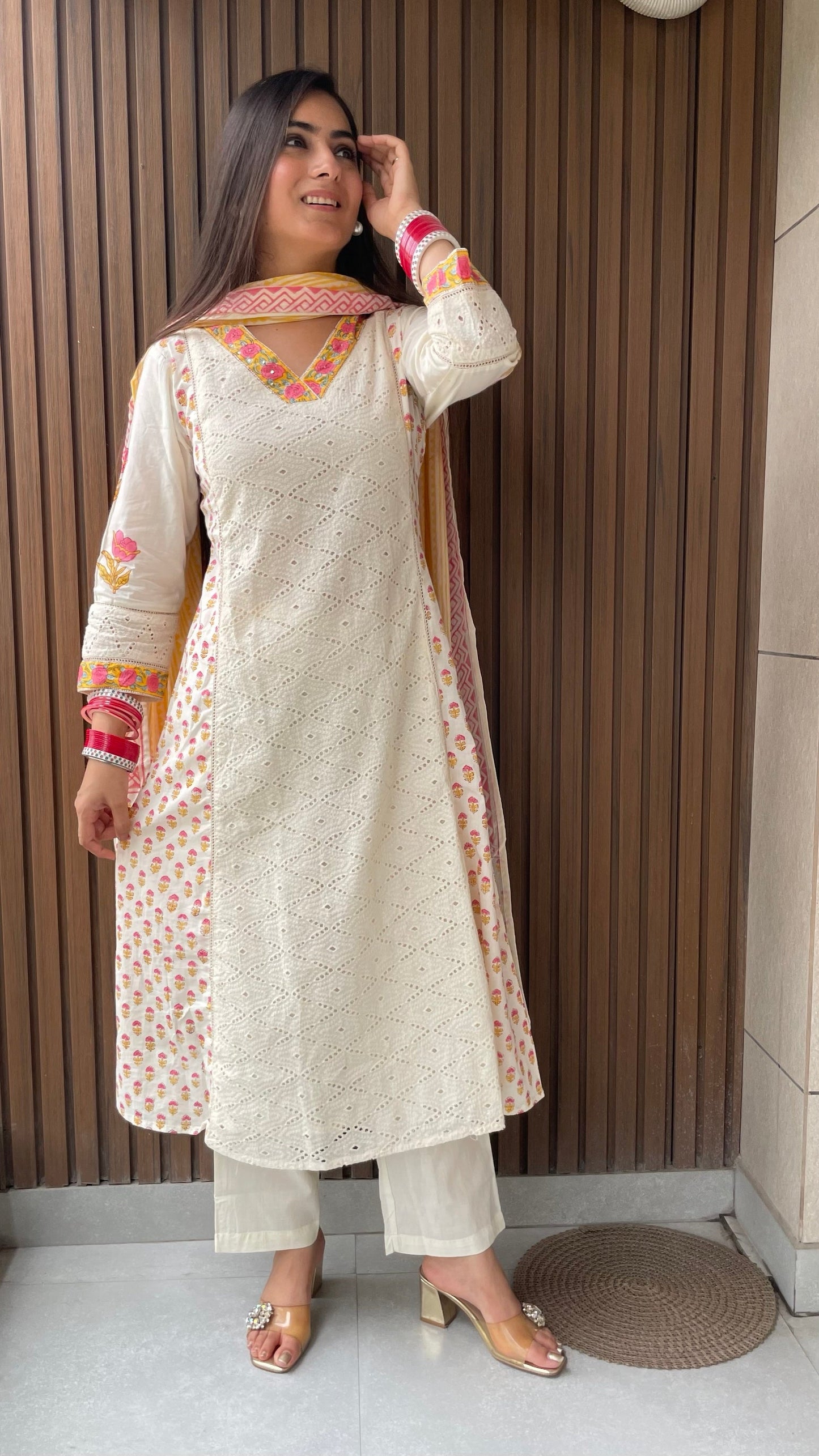 Ruhi Cream Schiffli A-line Suit