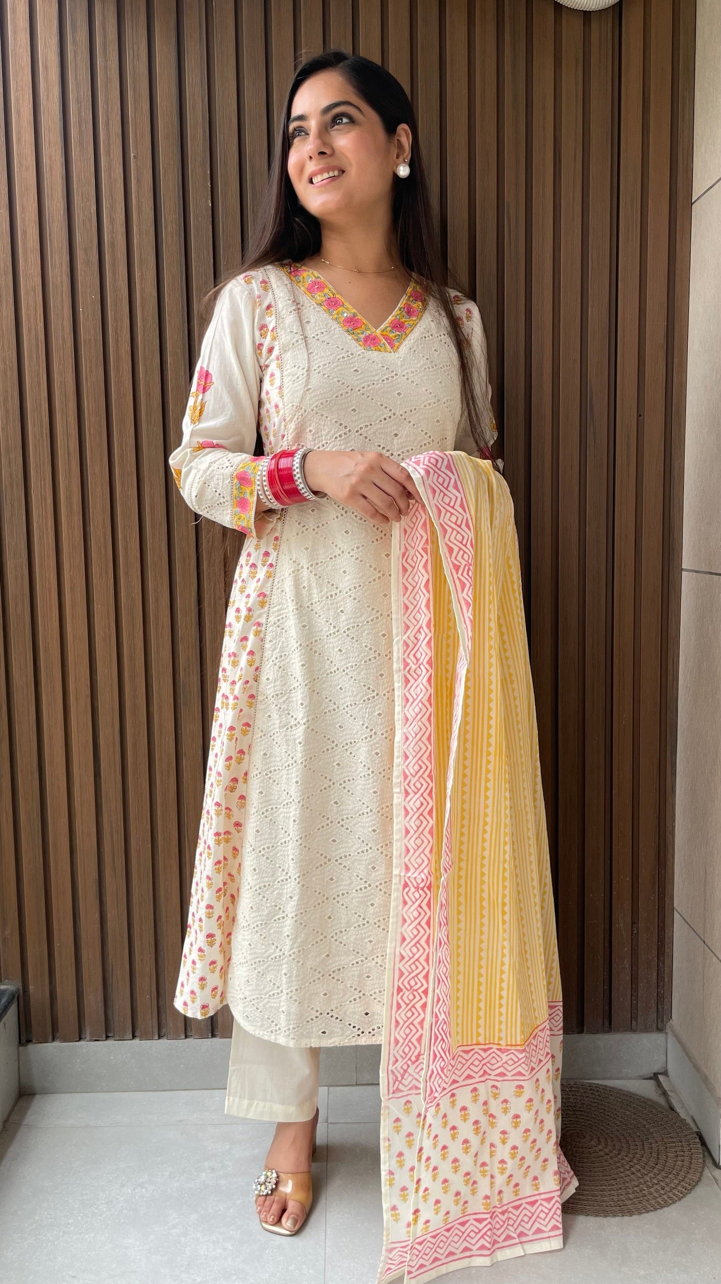 Ruhi Cream Schiffli A-line Suit