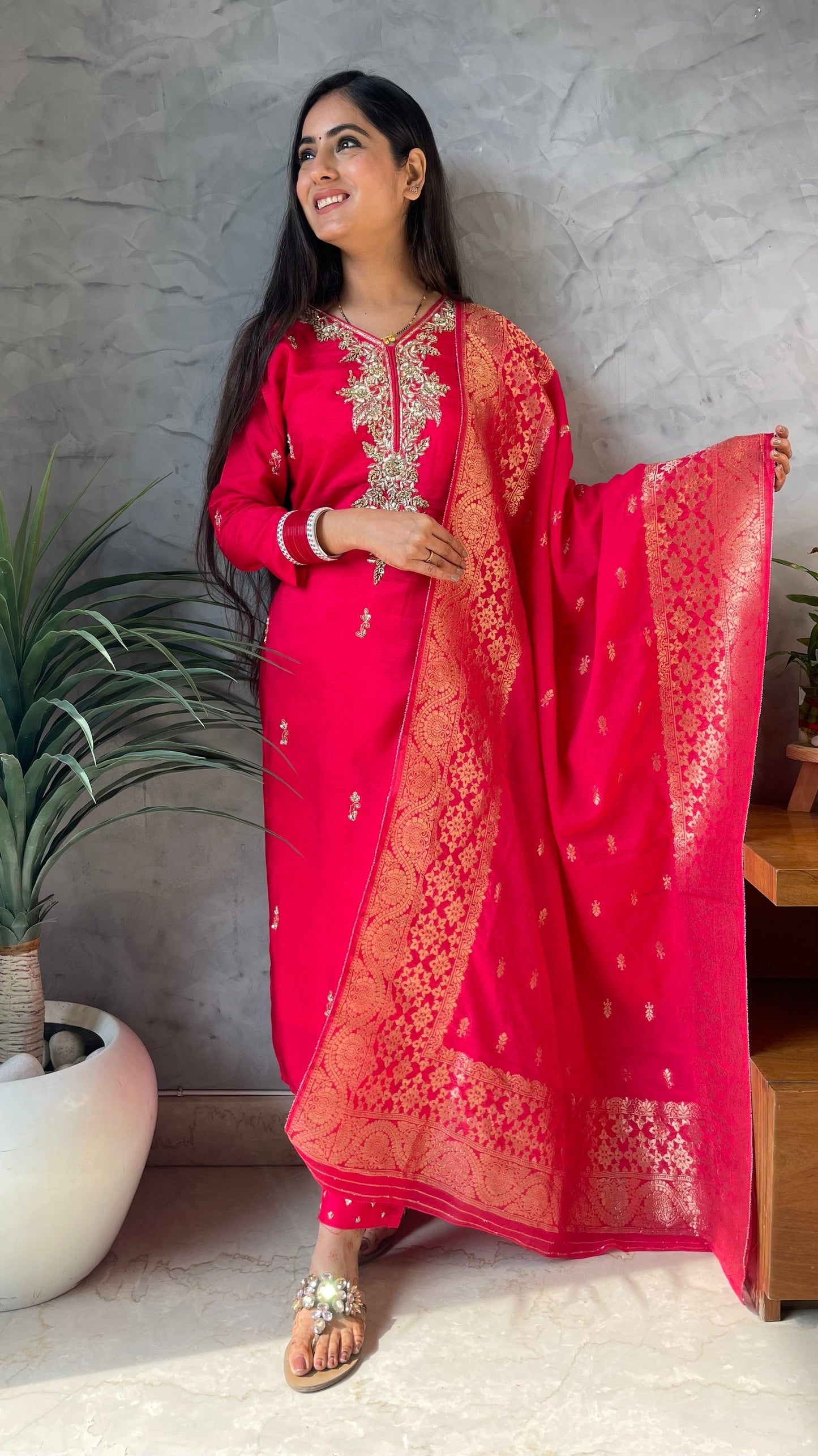 Veena Coral Silk Suit