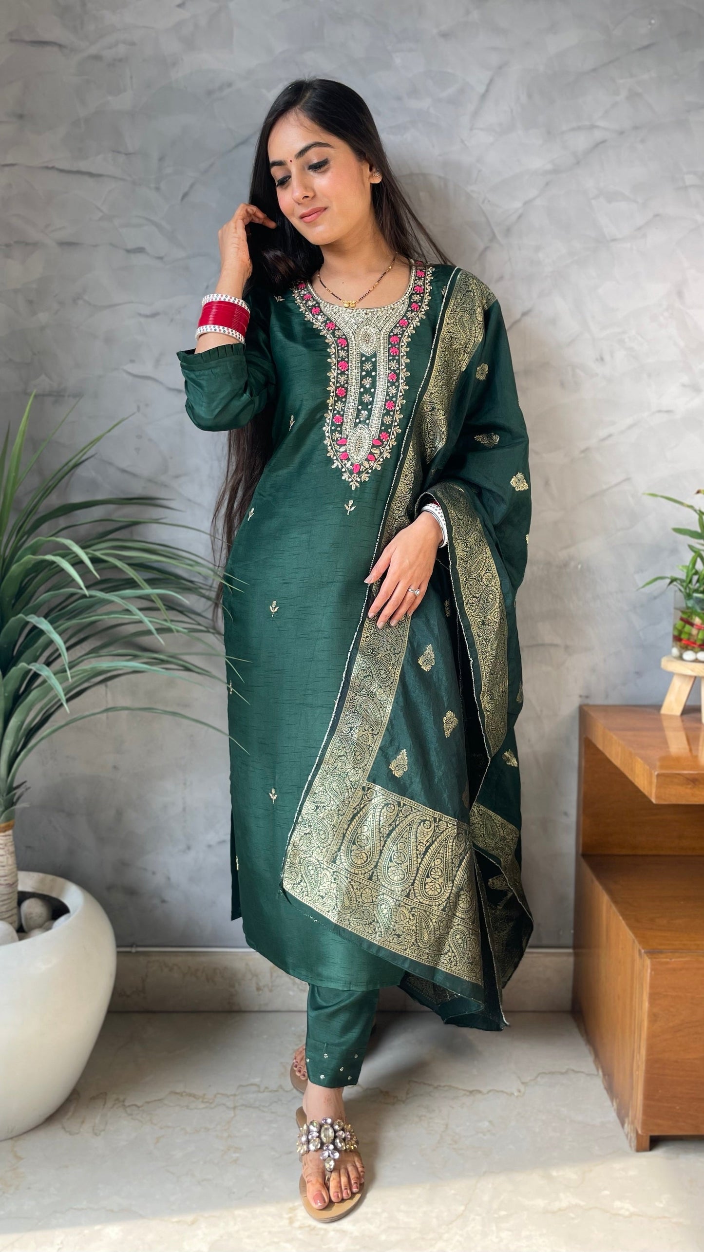Veena Green Silk Suit
