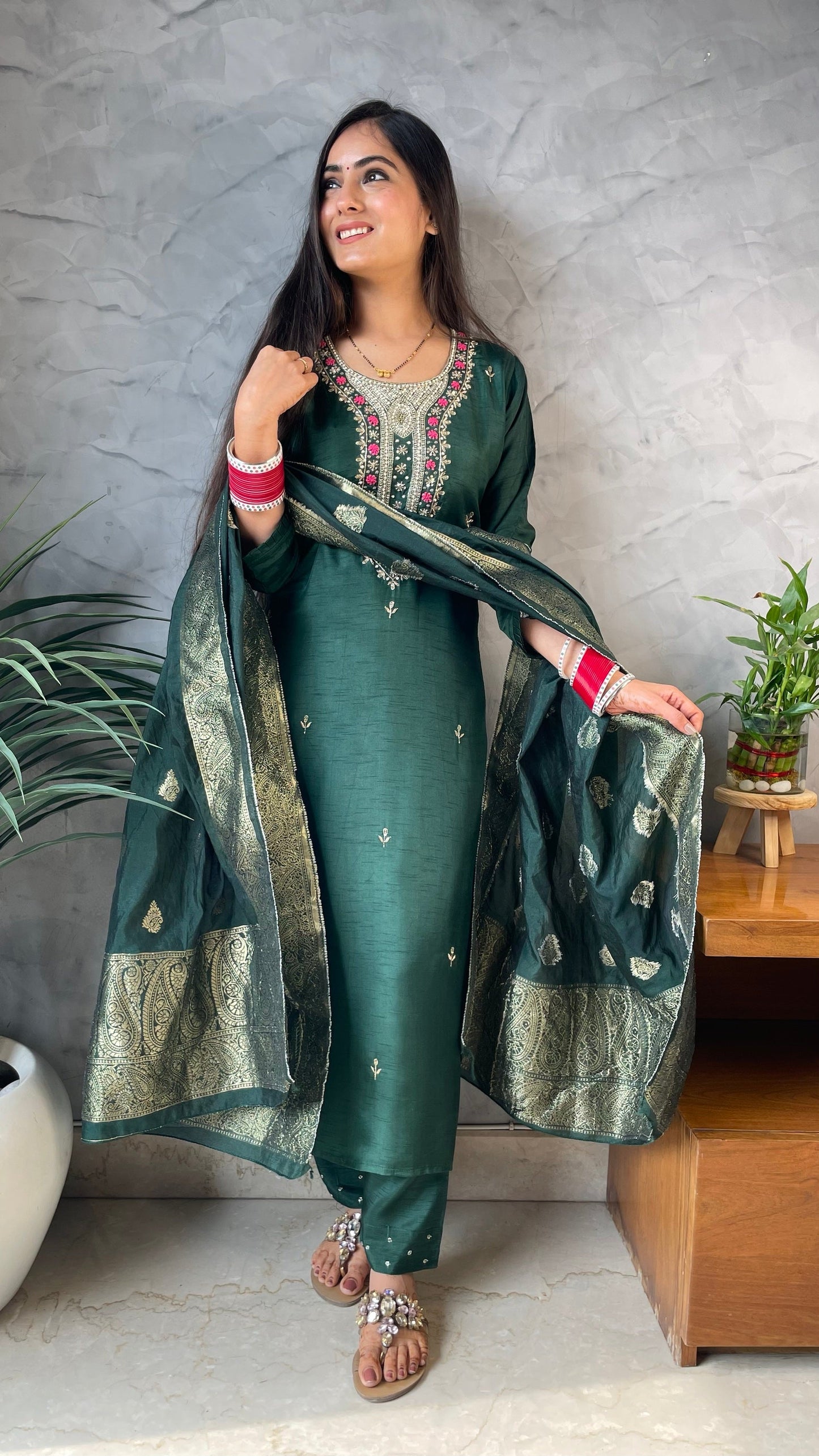Veena Green Silk Suit