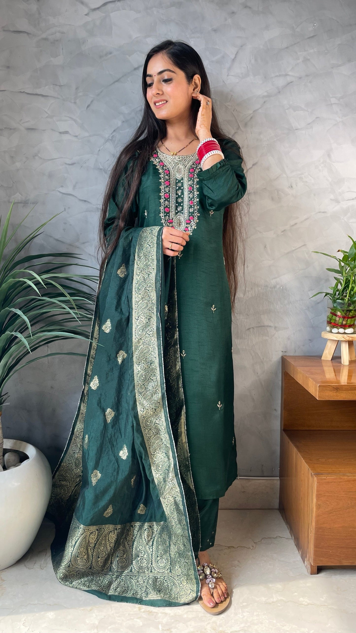 Veena Green Silk Suit