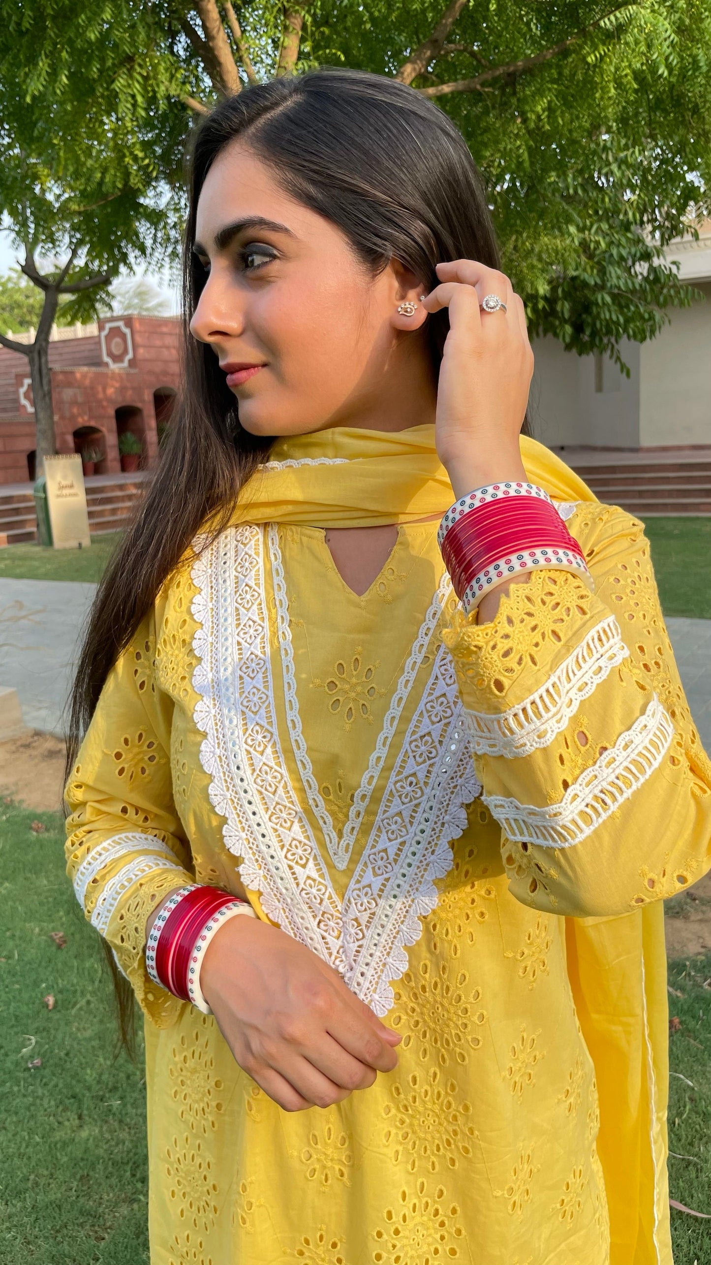 Richa Yellow Schiffli Suit