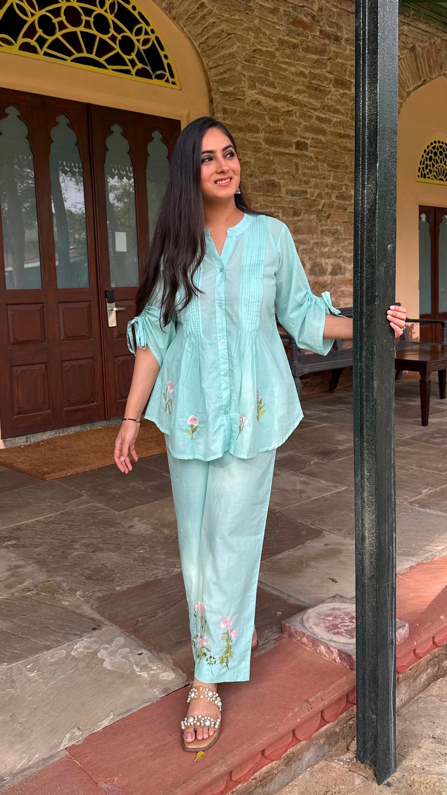 Mint Pintuck Embroidered Co-ord Set