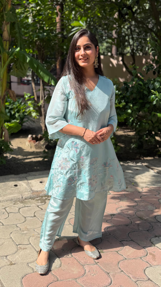 Mysha Sky Blue Floral Embroidered Coord Set