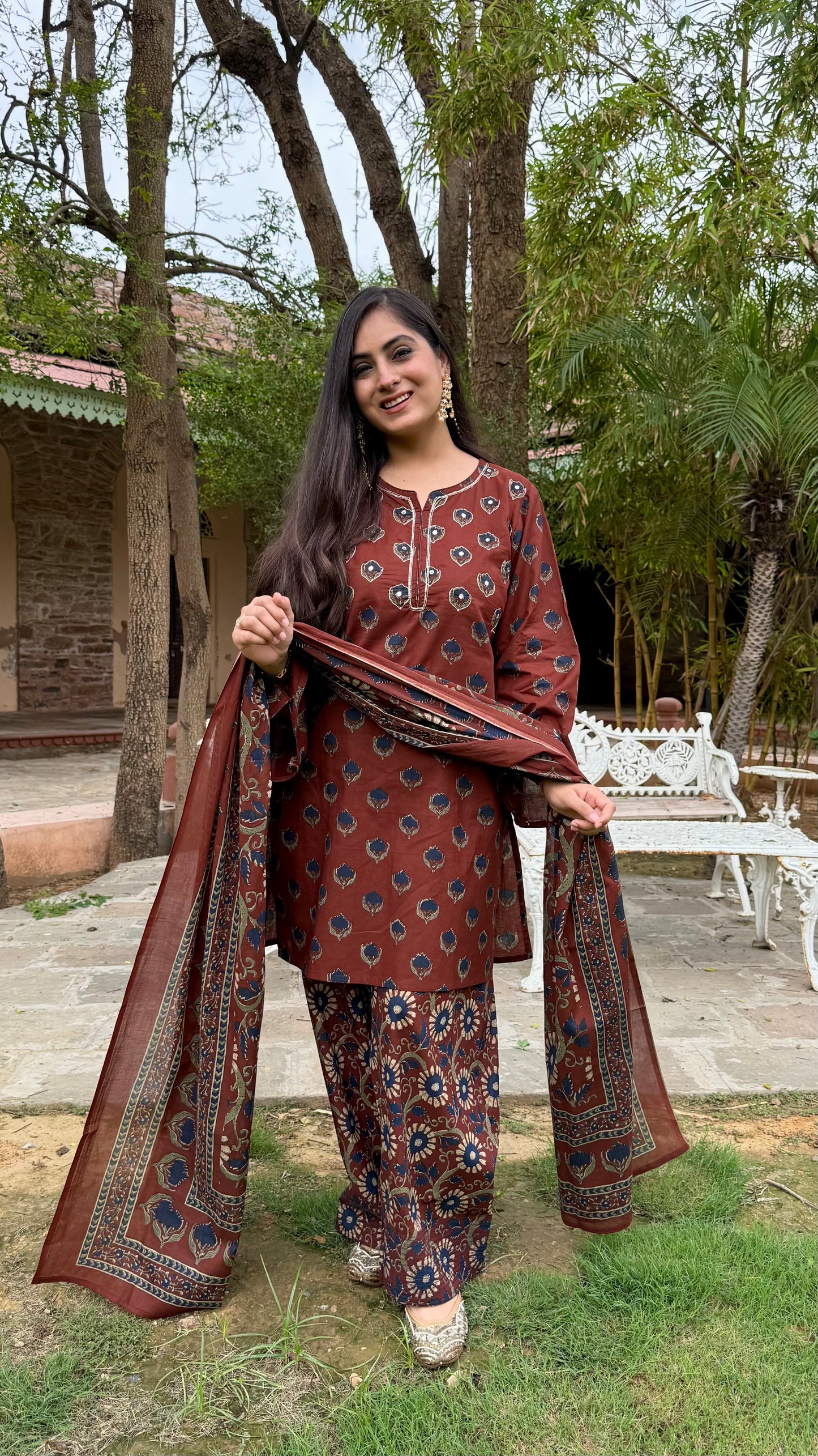 Earthy Rust Floral Farshi Suit