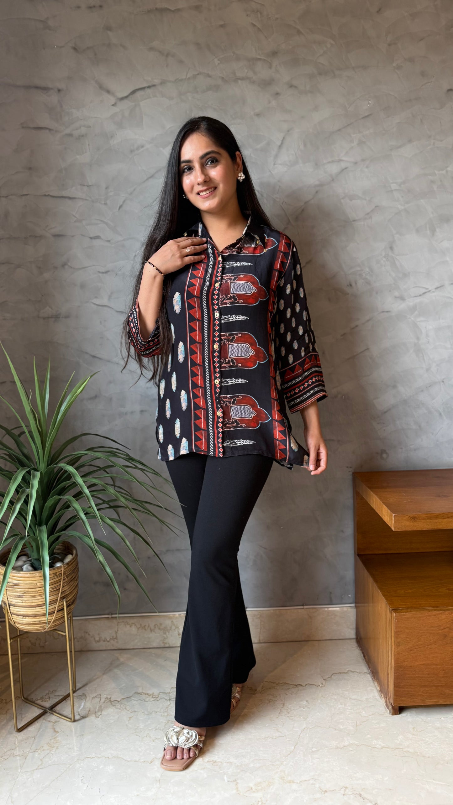 Midnight Printed Button-Down Top