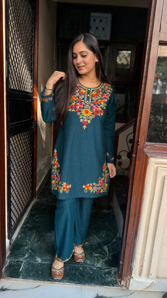 Ritu Teal Green Woollen Embroidered Coord Set