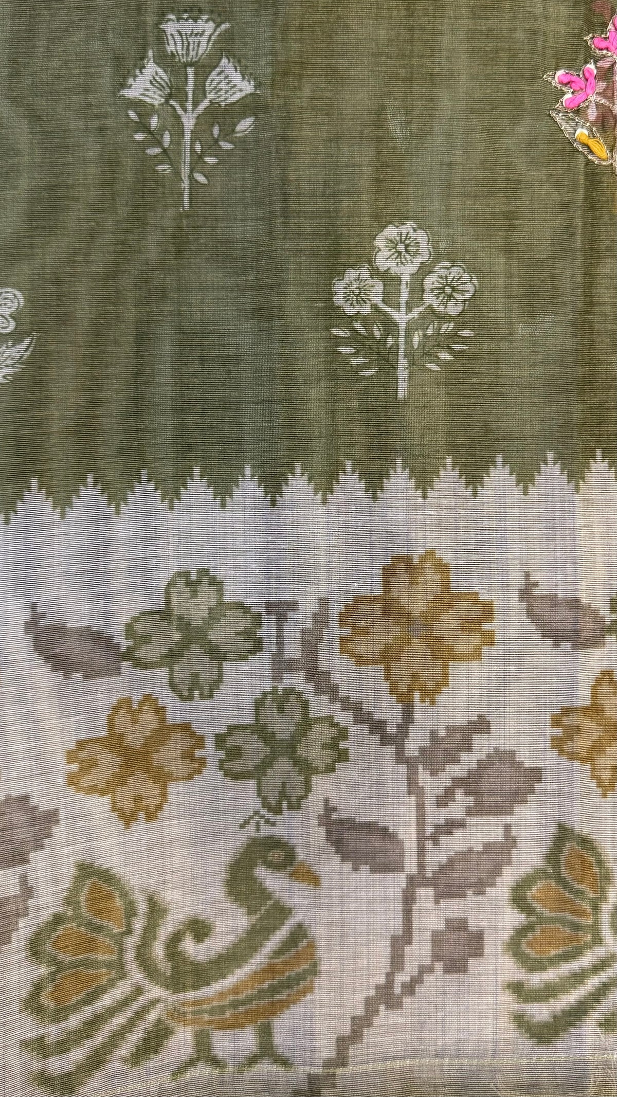 Inaya Olive Green Ikkat Unstitched Suit