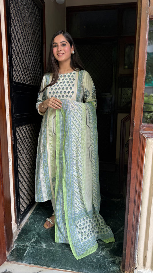 Meena Cream Blue Cotton Suit