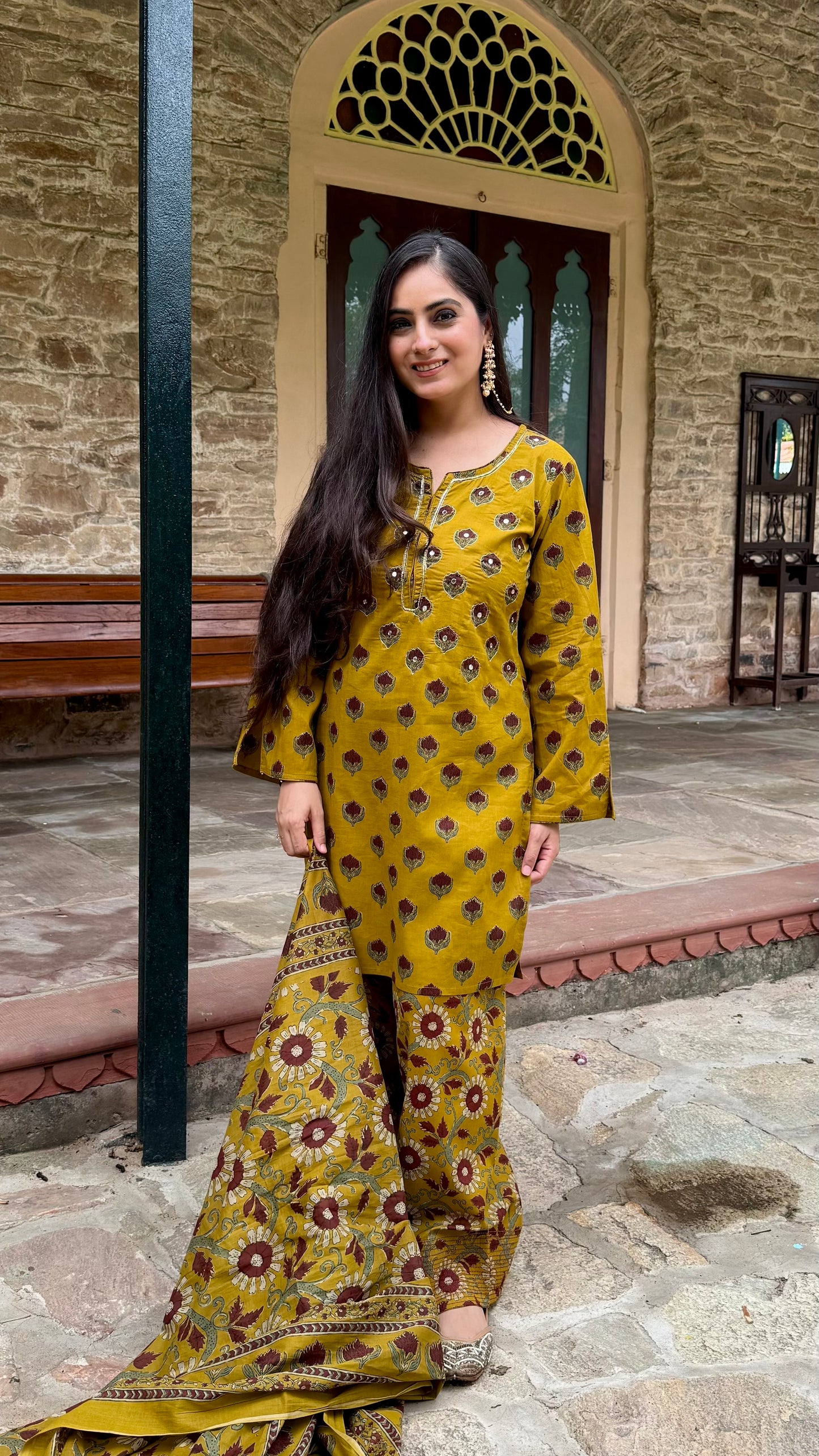Earthy Mustard Floral Farshi Suit