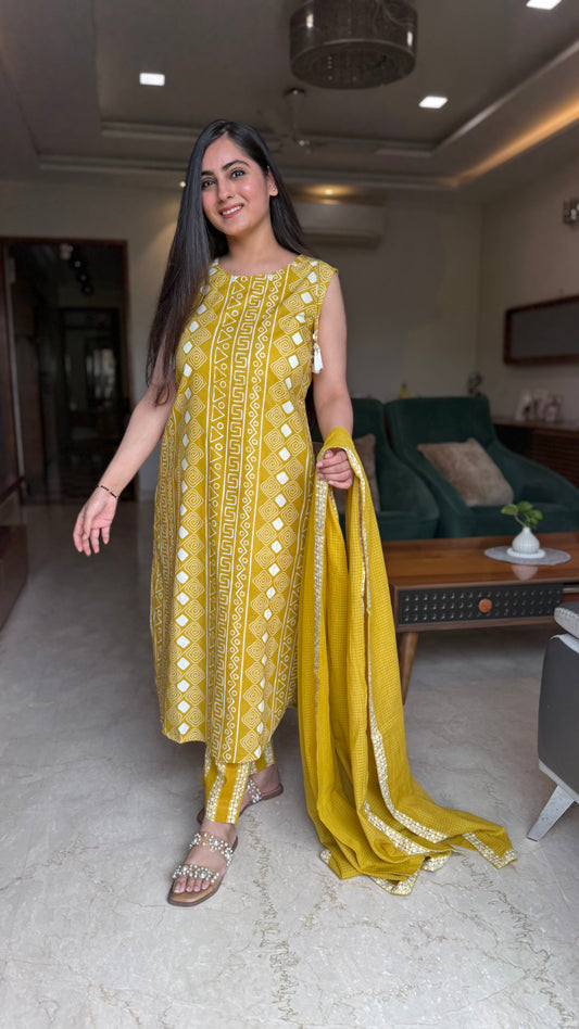 Shagun Mustard Sleeveless Cotton Suit
