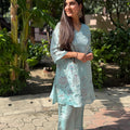 Mysha Sky Blue Floral Embroidered Coord Set