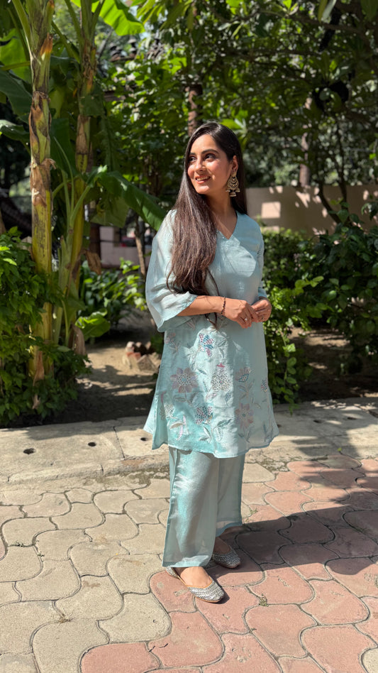 Mysha Sky Blue Floral Embroidered Coord Set