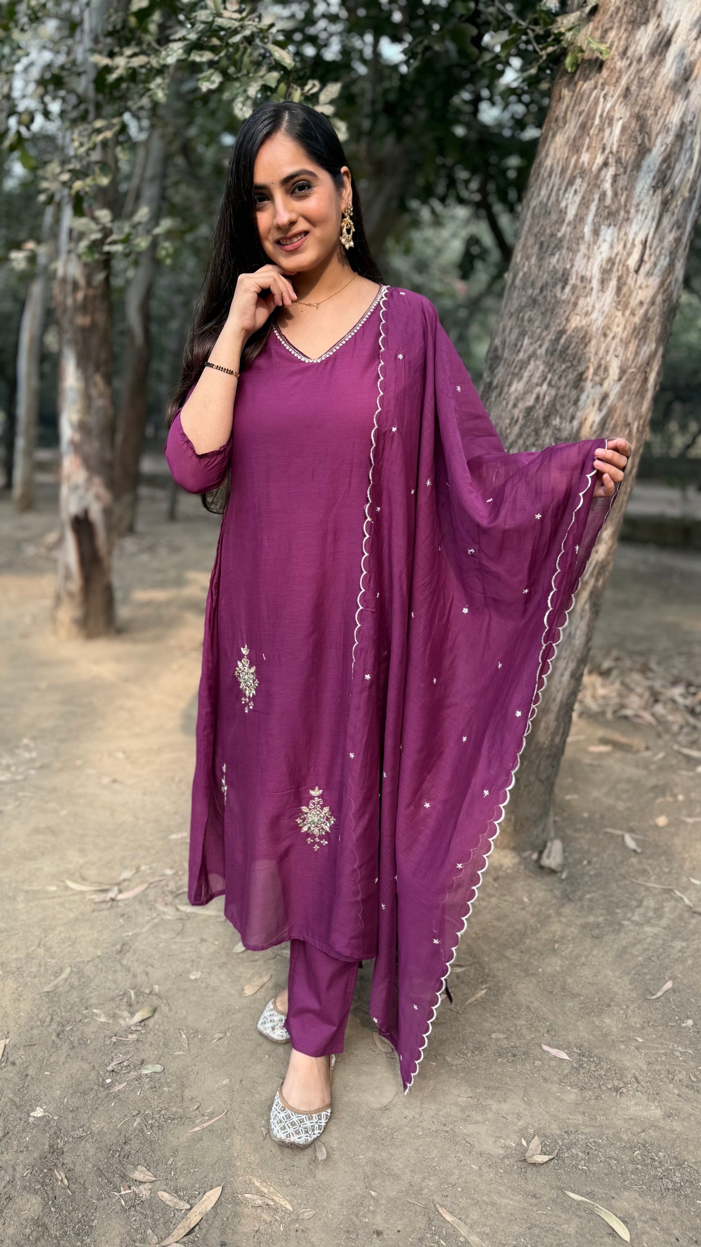 Isha Wine Mul Chanderi A-Line Suit
