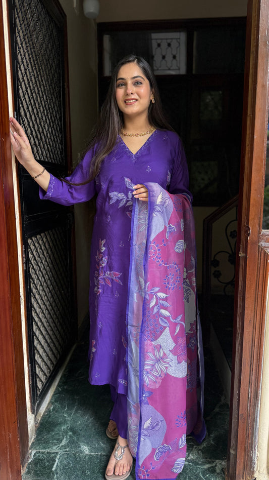 Meera Purple Mul Chanderi Suit