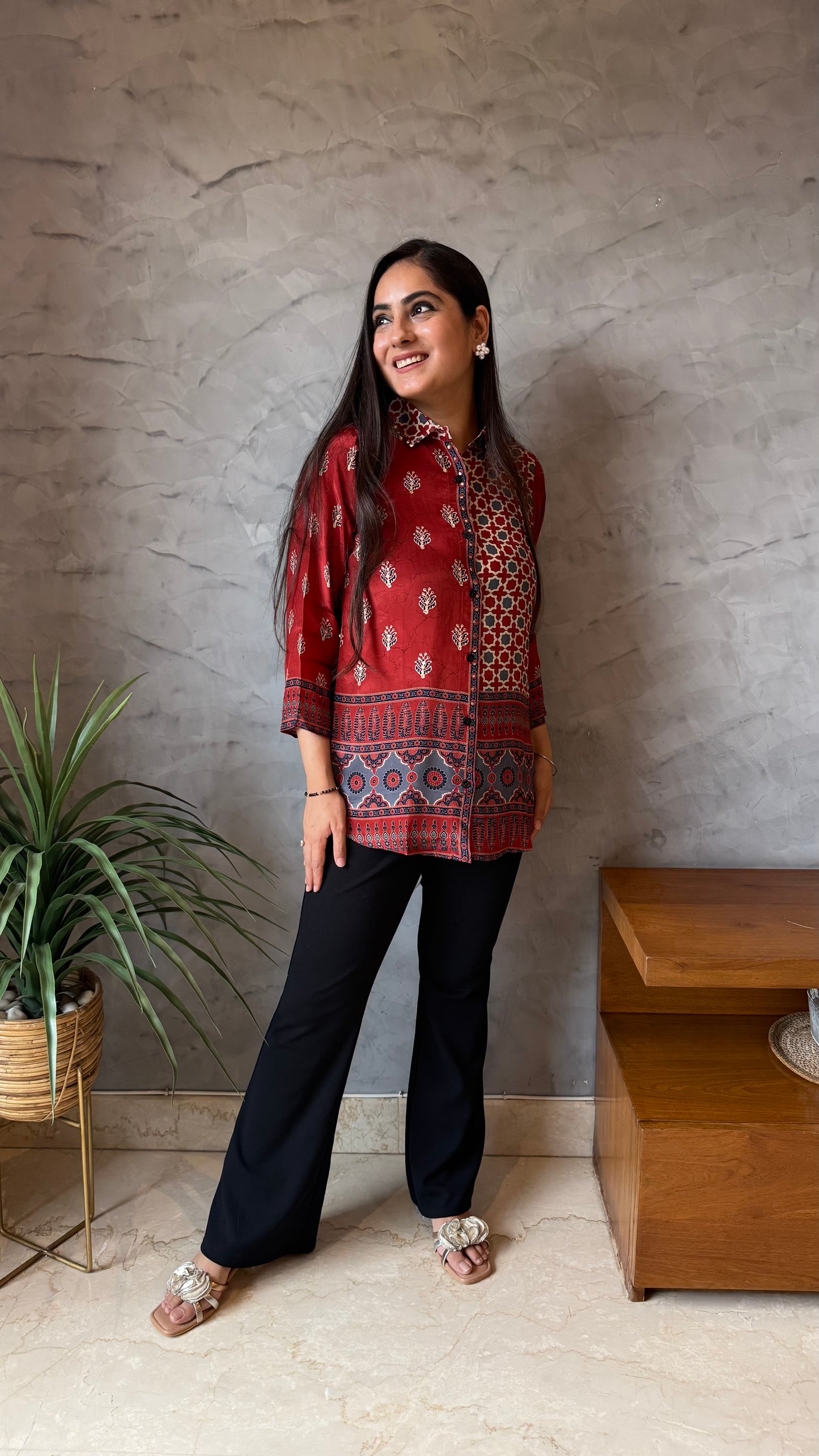 Rustic Maroon Button-Down Top