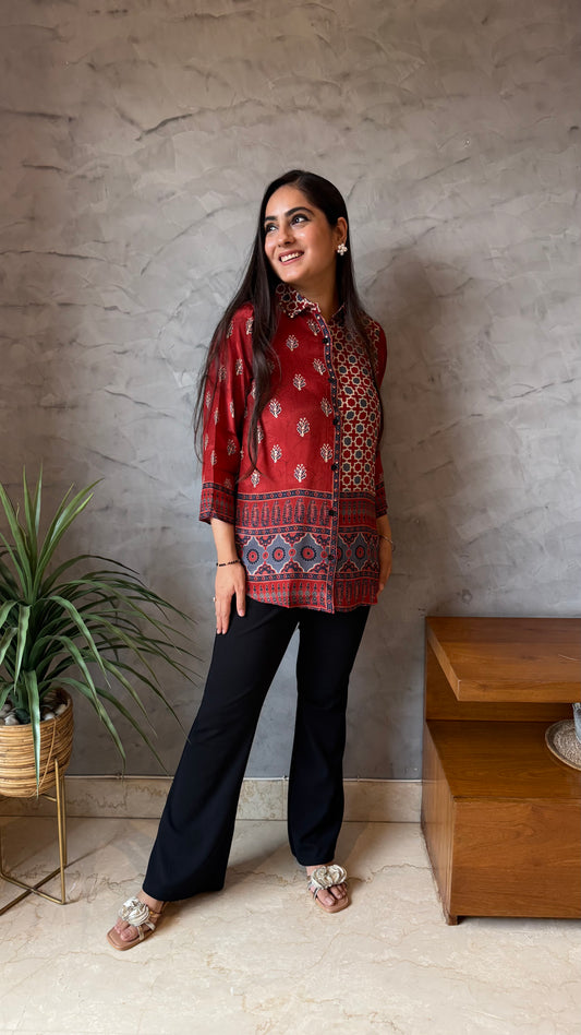 Rustic Maroon Button-Down Top