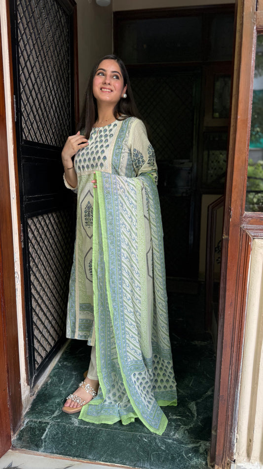 Meena Cream Blue Cotton Suit