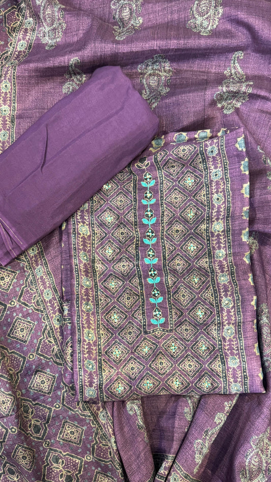 Noor Purple Ajrakh Print Unstitched Suit