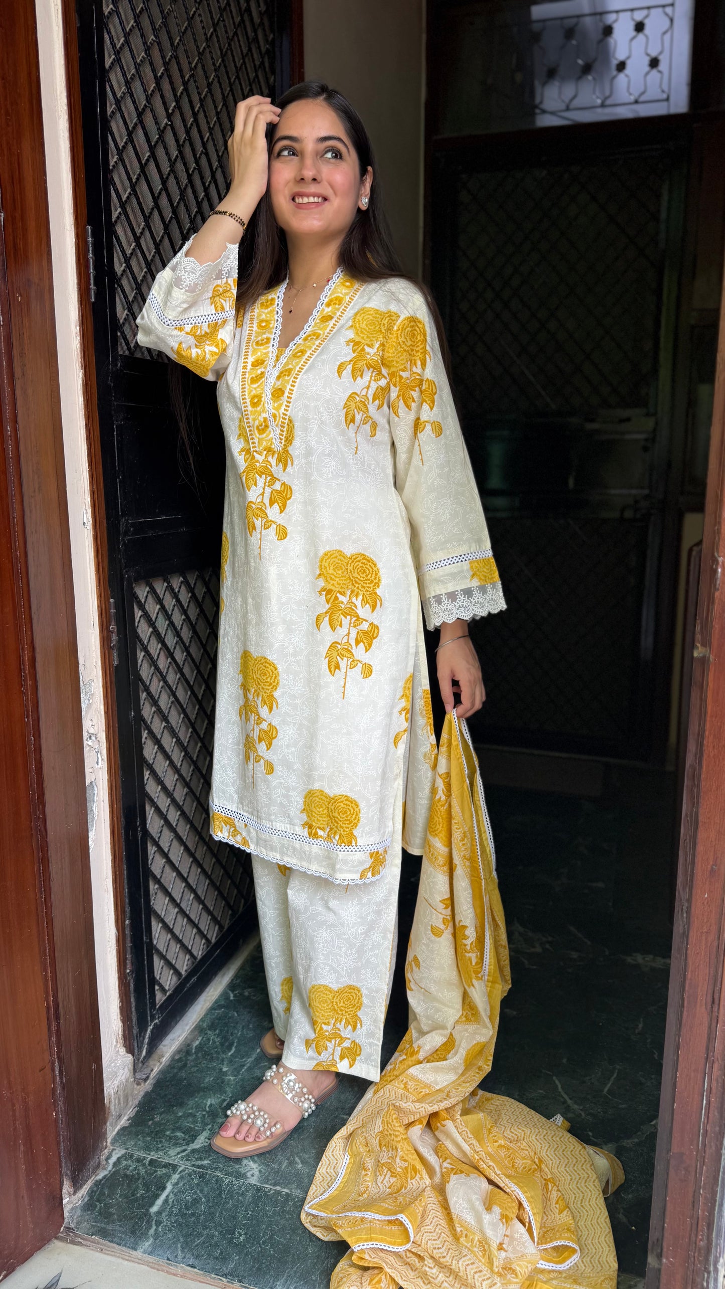 Ruhi Cream Mustard Lace Suit