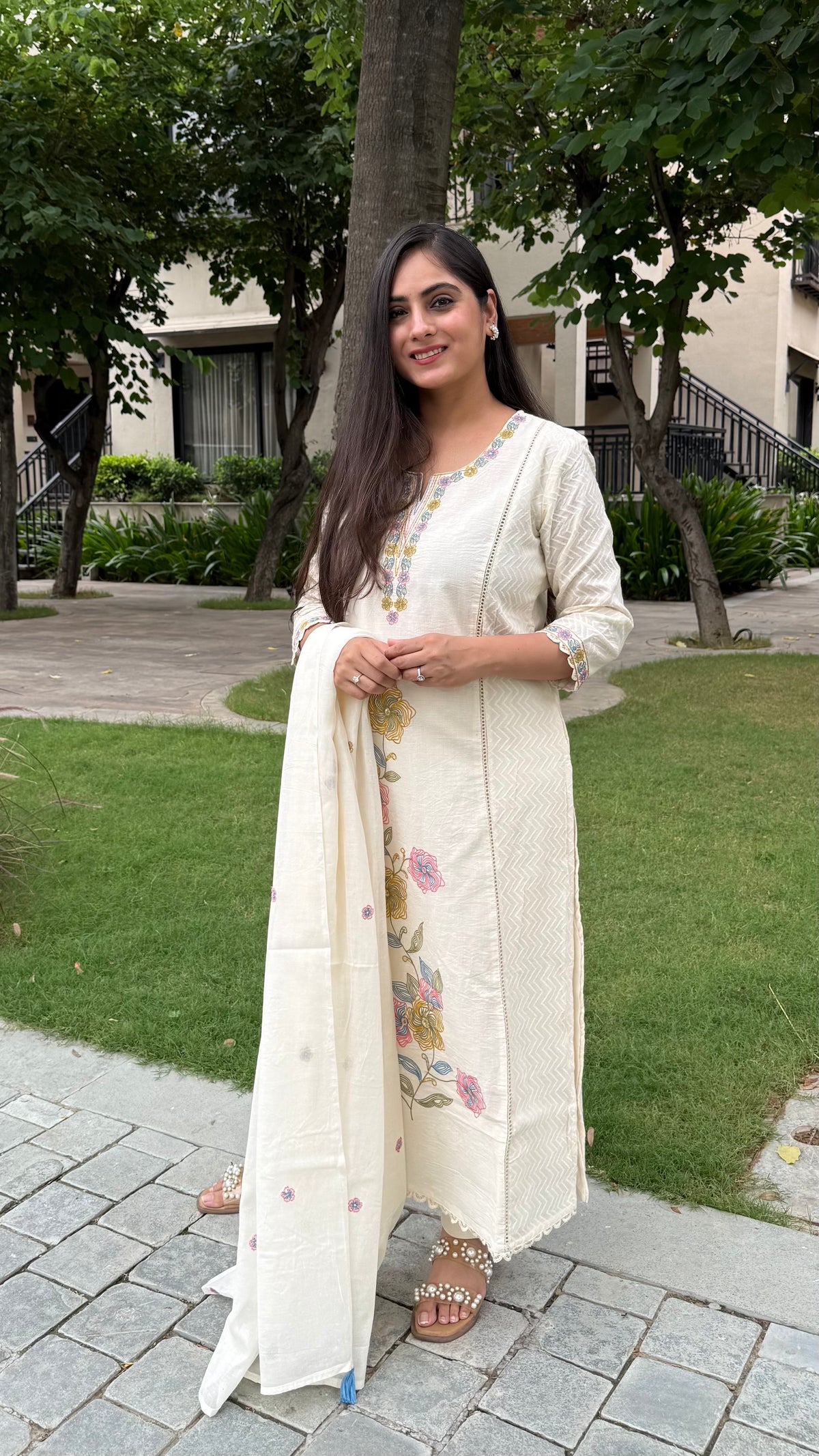 Saira Ivory Floral Embroidered Suit