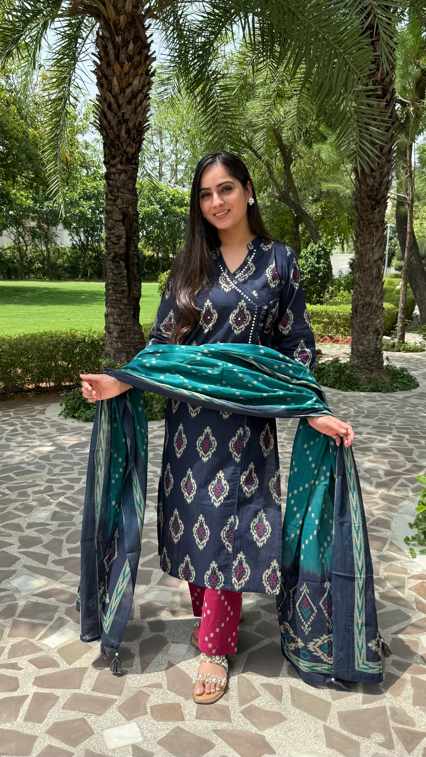 Ikkat Blue Wrap-Style Suit Set
