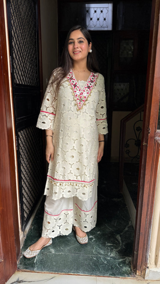 Mehak Cream Schiffli Coord Set