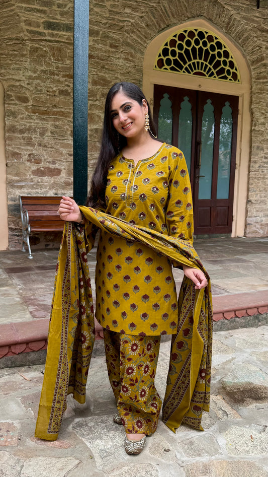 Earthy Mustard Floral Farshi Suit