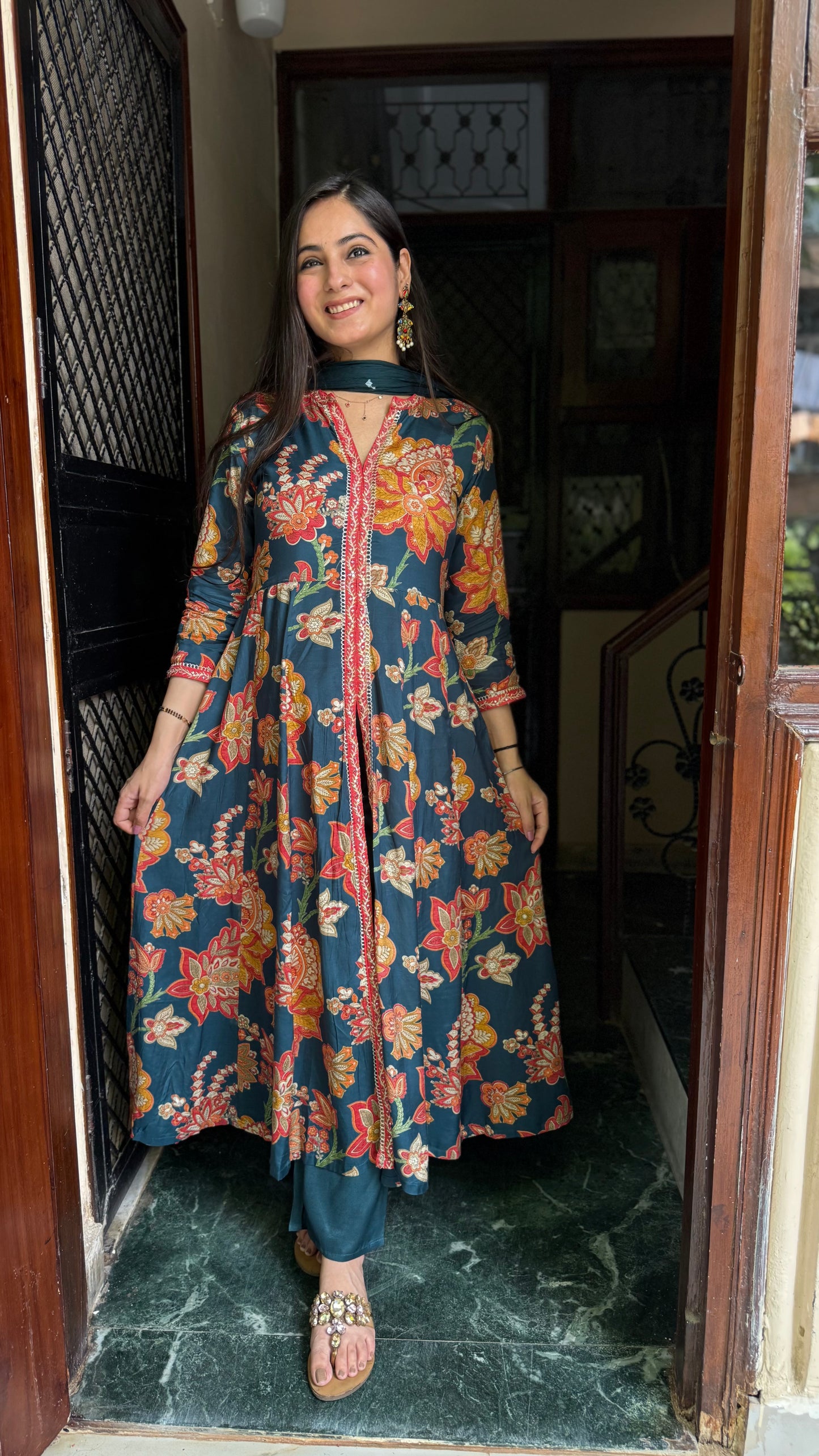 Komal Teal Muslin Anarkali Suit