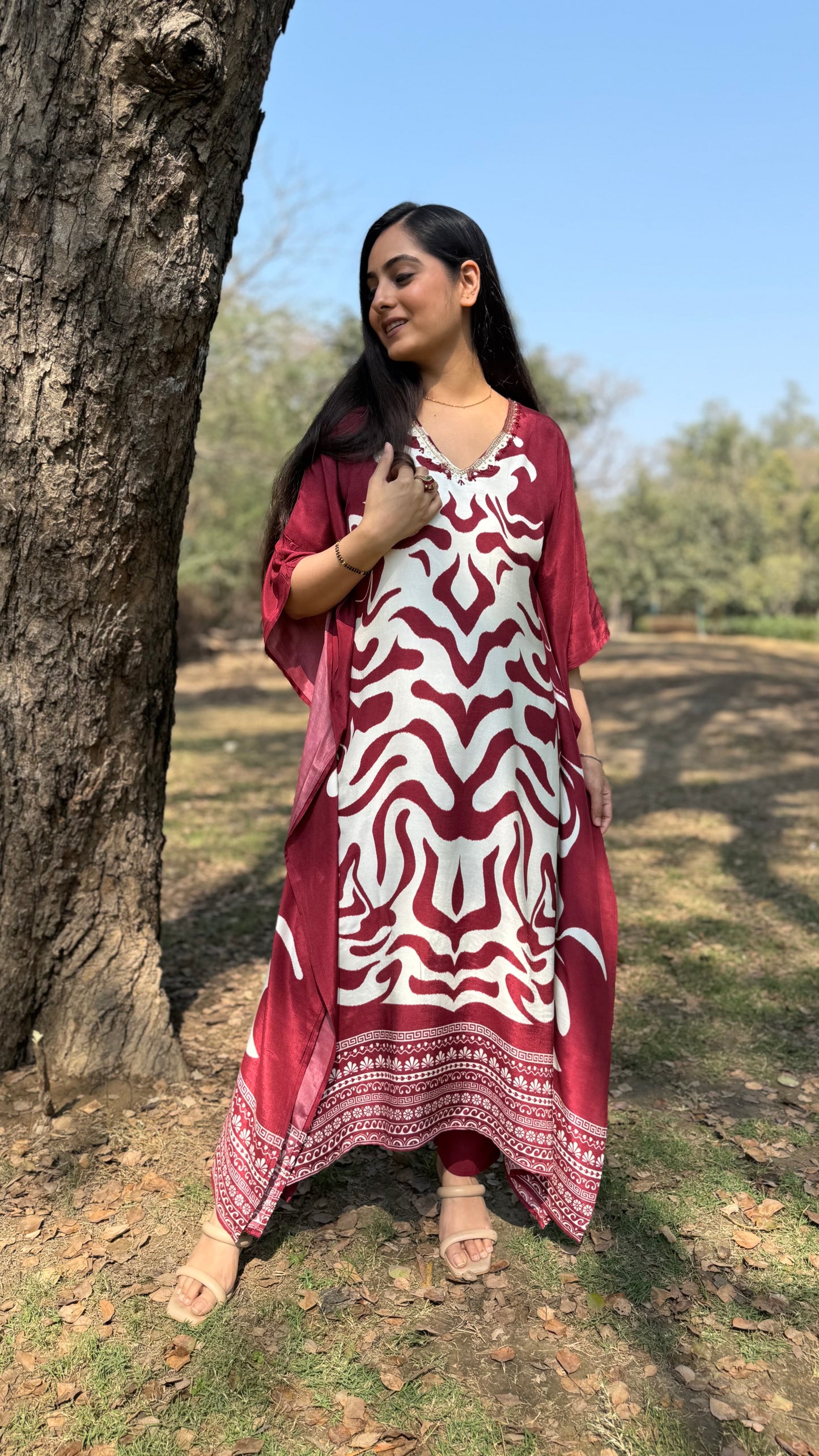 Rehmat Maroon Muslin Kaftan Set