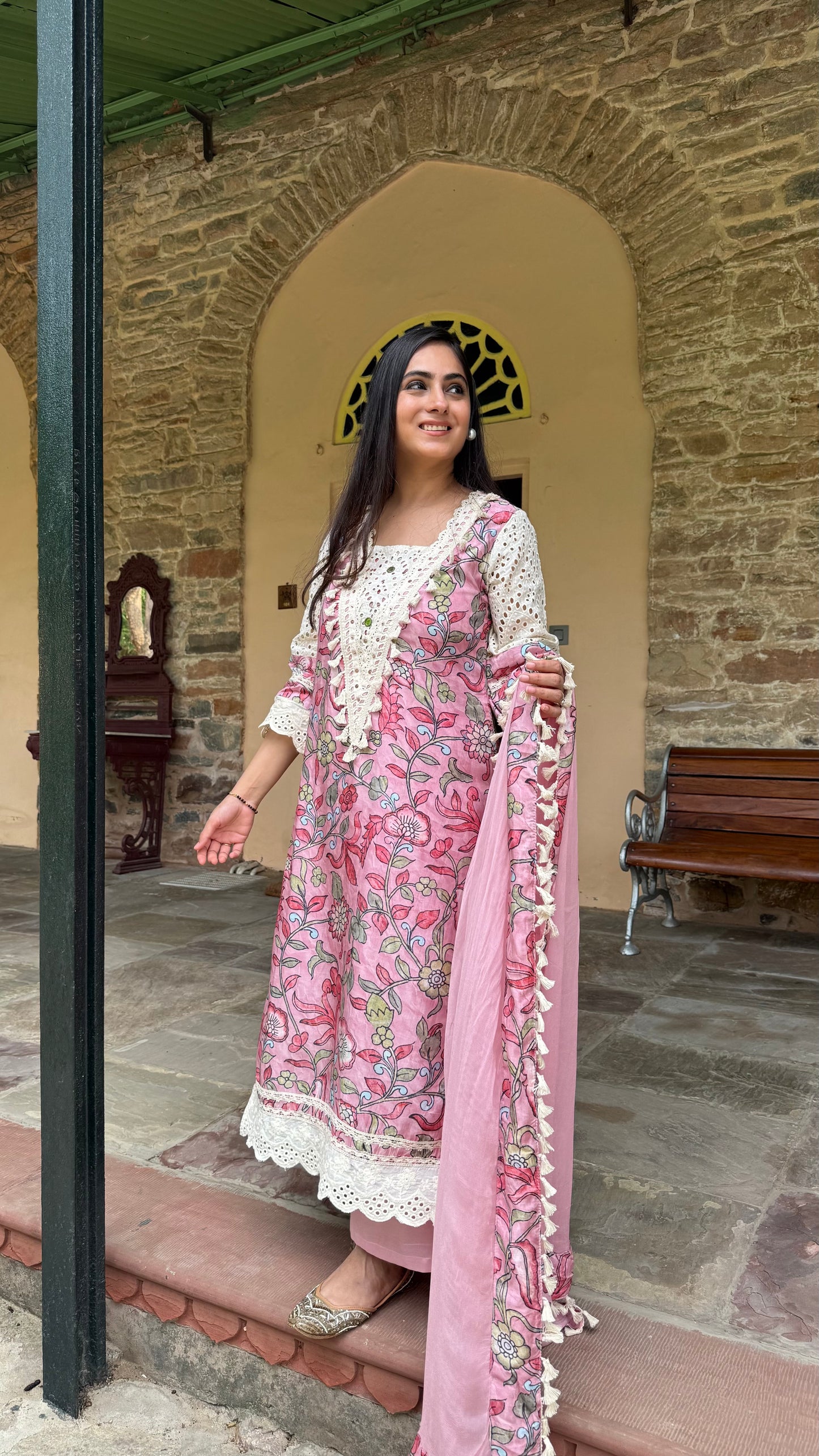 Pink Kalamkari Lace Suit Set