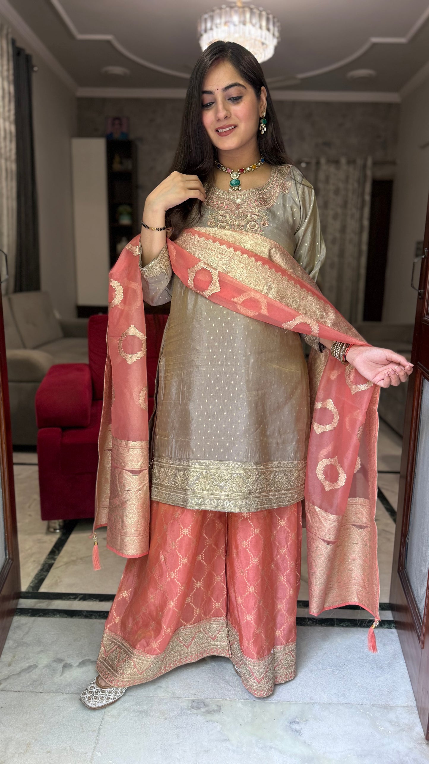 Sneha Grey Peach Embroidered Suit