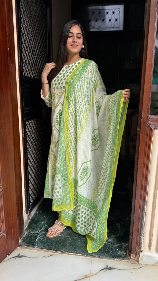 Meena Cream Green Cotton Suit