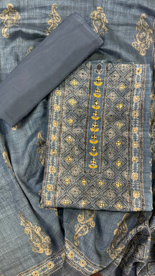 Noor Grey Ajrakh Print Unstitched Suit