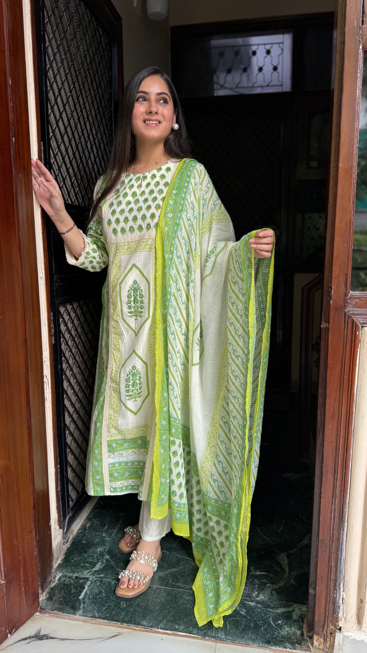 Meena Cream Green Cotton Suit