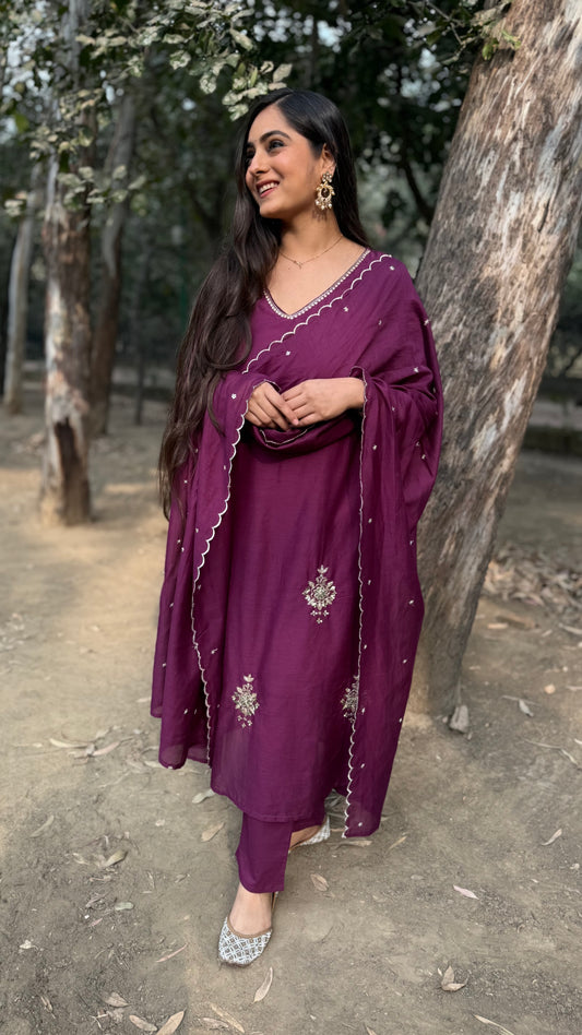 Isha Wine Mul Chanderi A-Line Suit
