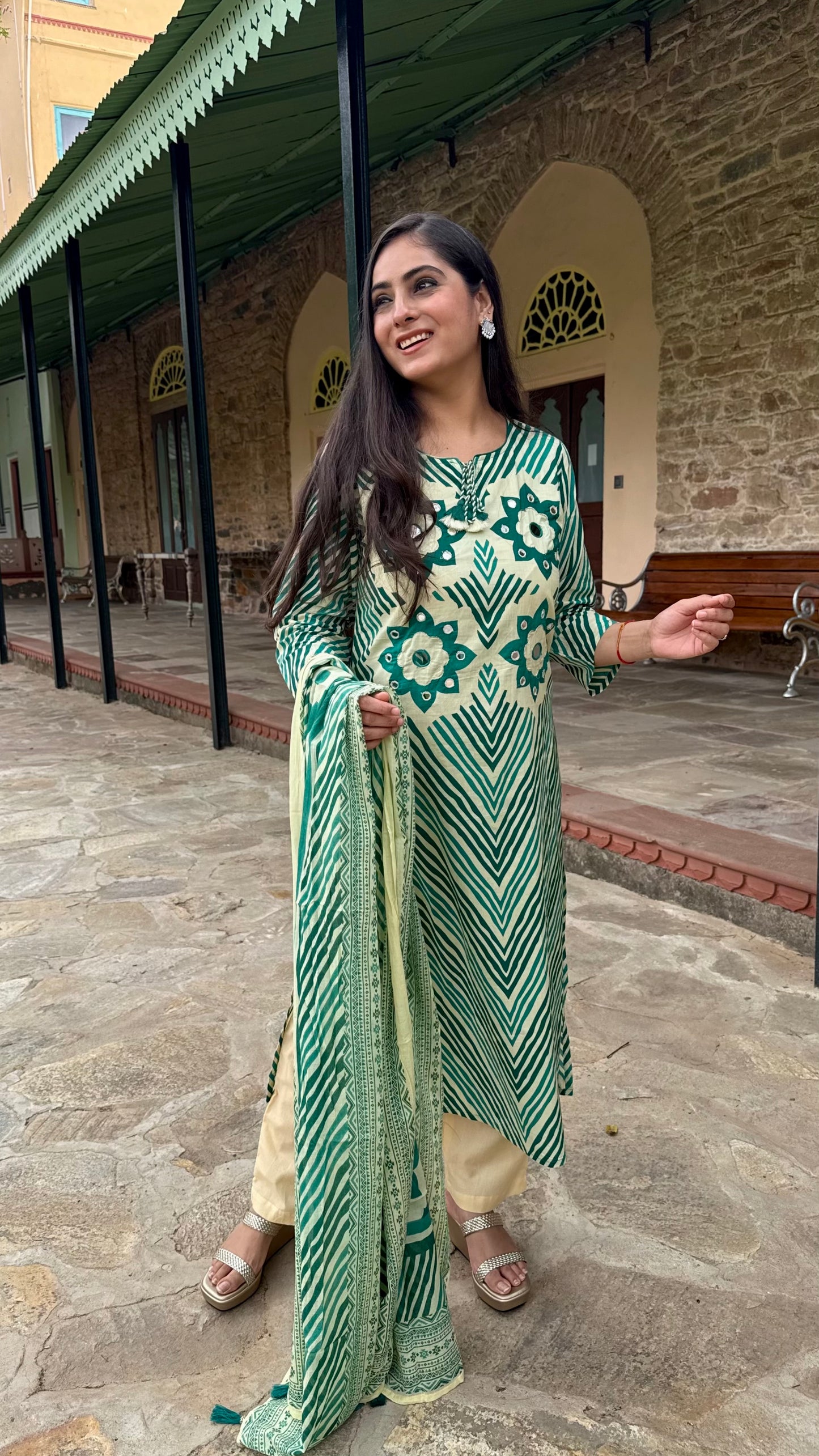 Naina Green Mirror Stripes Suit