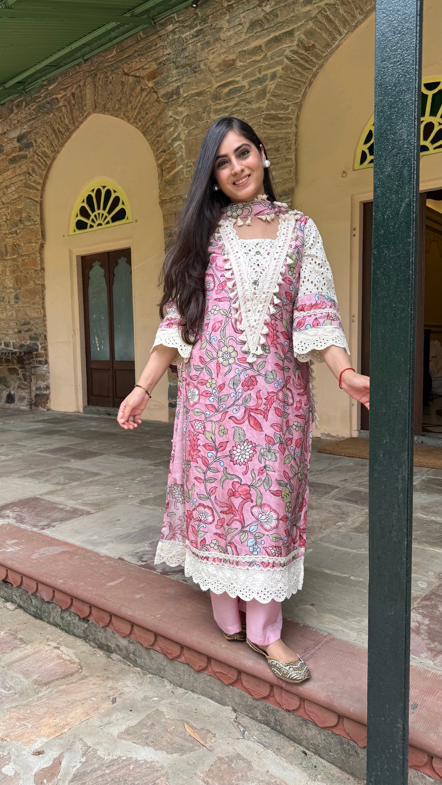 Pink Kalamkari Lace Suit Set