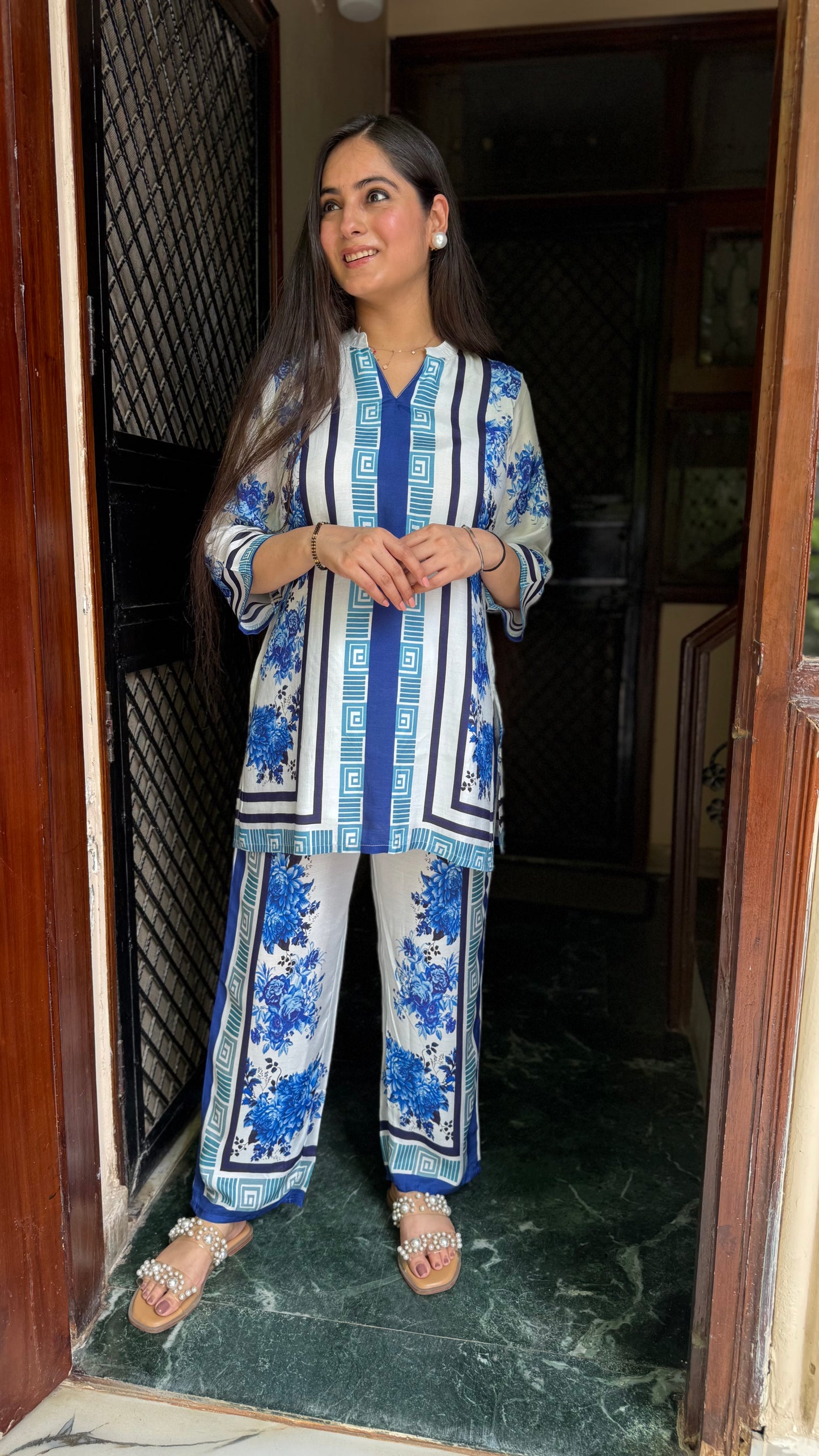 Shivani White Blue Muslin Coord Set