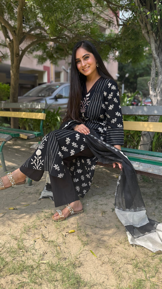 Elena Black Botanical Suit Set